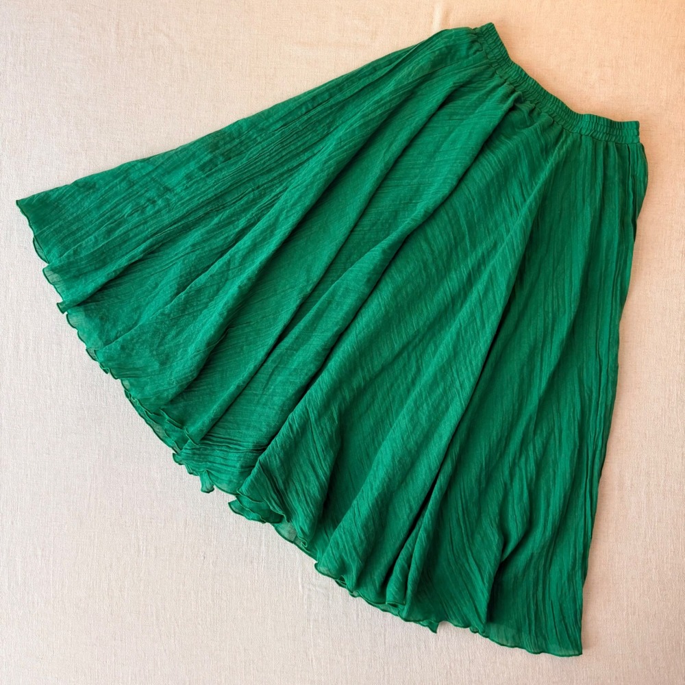 Ochenta Green Cotton Gauze Elastic Waist Crinkle Midi Skirt Size XS